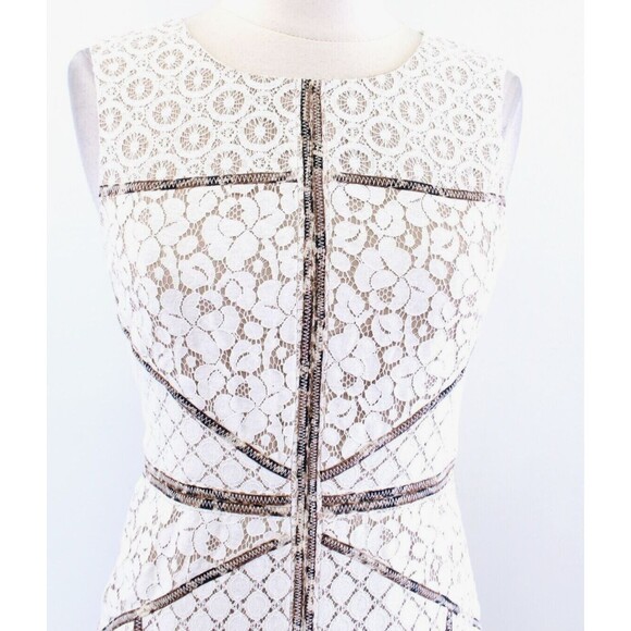 BCBG Max Azria Andreea Ivory Block Lace Illusion Cheetah Trim Sheath Dress Sz 6 - Picture 4 of 11